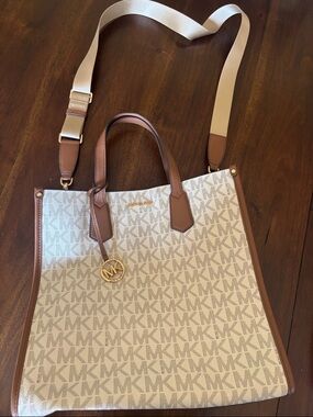 Michael Kors Cream and Brown MK Logo Tote with Gold Accent